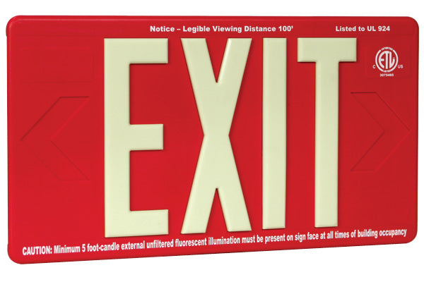 Photoluminescent Exit Sign - 100 Foot Viewing Distance Emergency Lighting